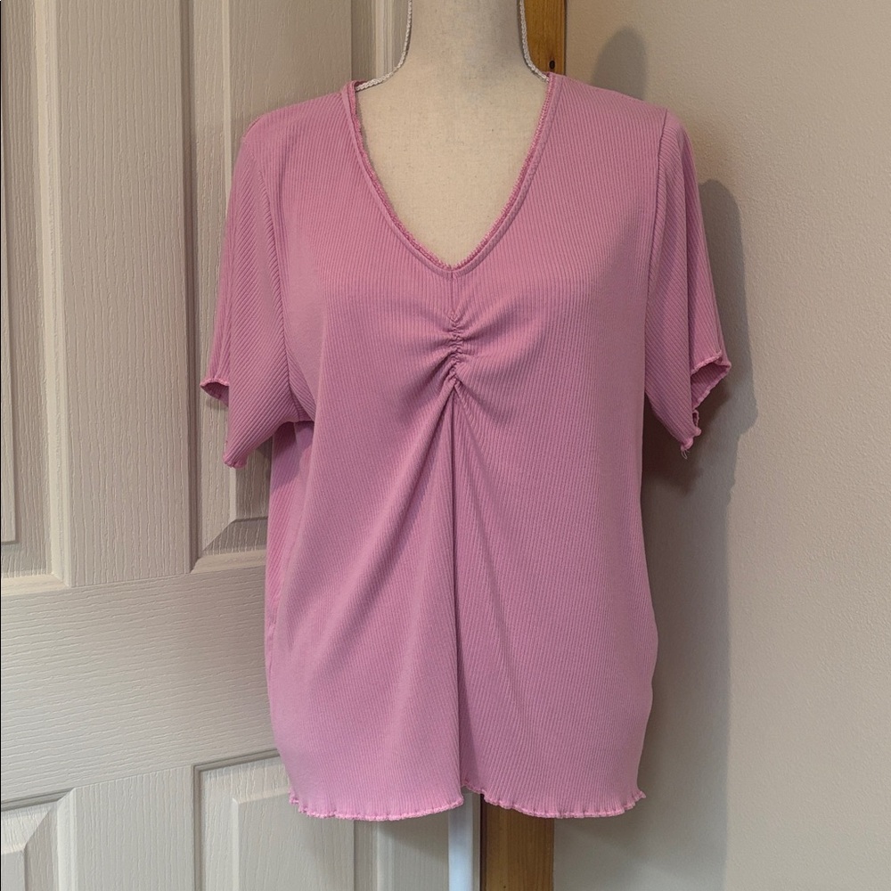 Magaschoni Dusty Pink V-Neck Short Sleeve Ruched Top
